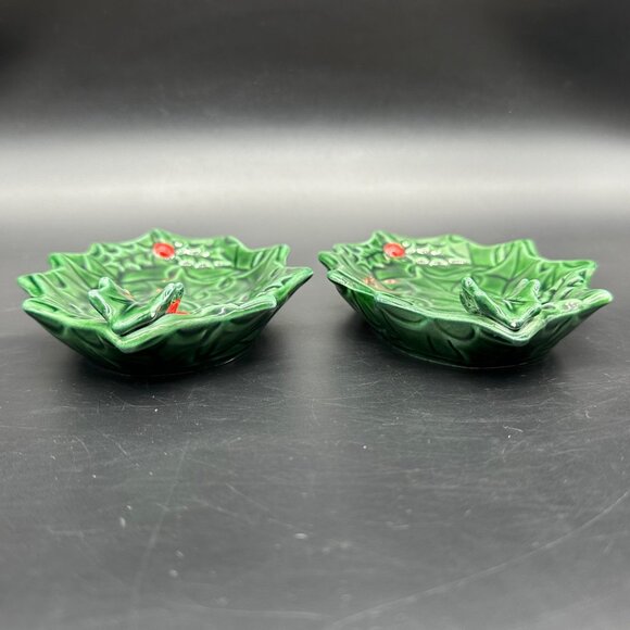Vintage Trinket Dishes Ashtrays Lefton Holly Berry 1970s Christmas Decor Green - Picture 3 of 9